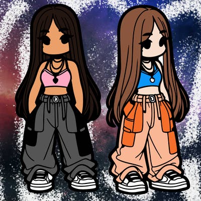 girl in baggy pants crop top and long hair