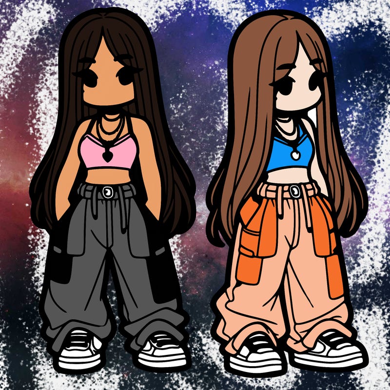 girl in baggy pants crop top and long hair