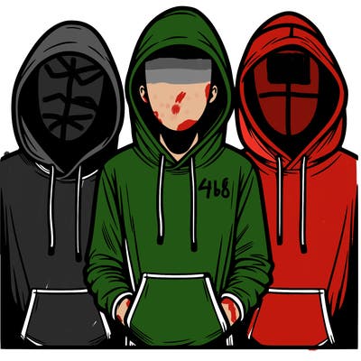 3 faceless people in  hoodies