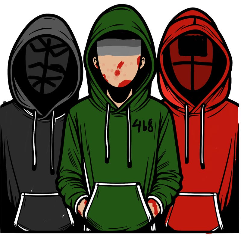 3 faceless people in  hoodies