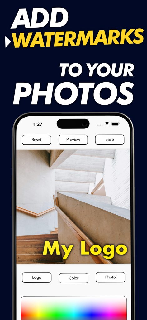 MyLogo: Photo Signature Maker - A mobile app interface showing a photo with a yellow My Logo watermark being edited with color and logo tools.
