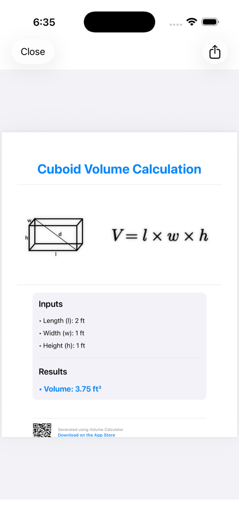 Volume Calculator 3D - Cuboid volume calculation screen showing the geometric formula and results in feet.