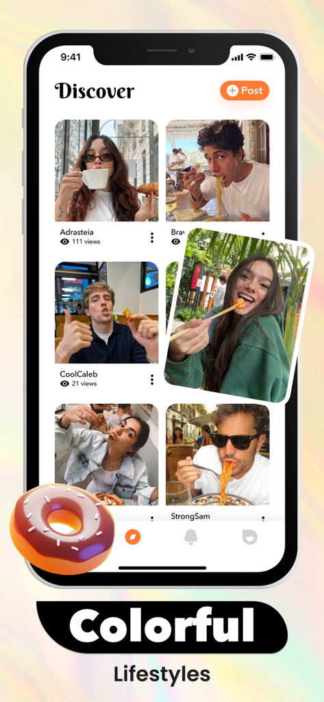 A mobile app interface called Sticky showing a discover feed with various people eating different types of food.