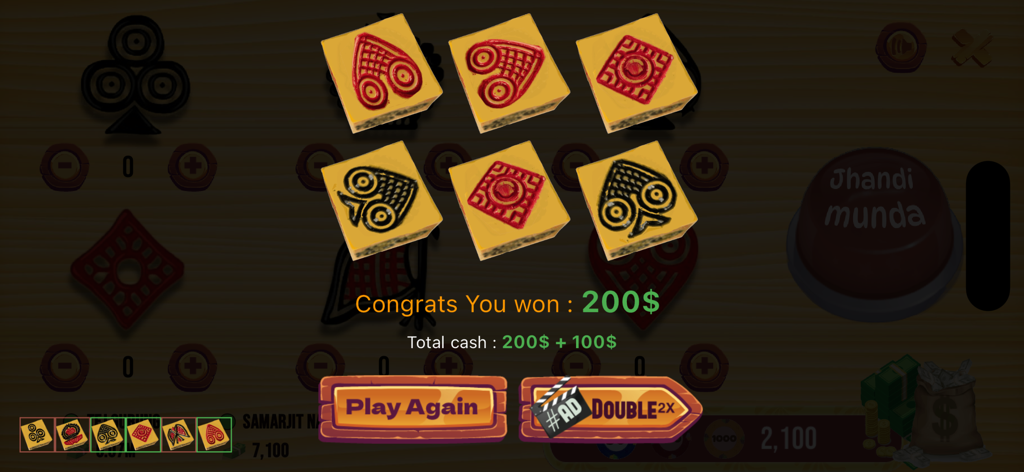 Winning screen of the Jhandi Munda King mobile game with six dice and a prize message