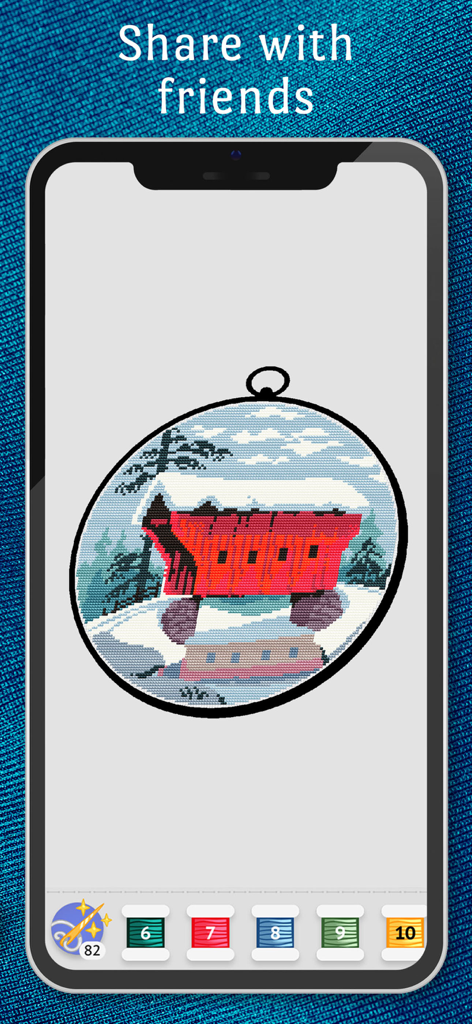 iPhone screen showing a completed winter barn needlework design in the Cross Stitch Club app with a prompt to share with friends