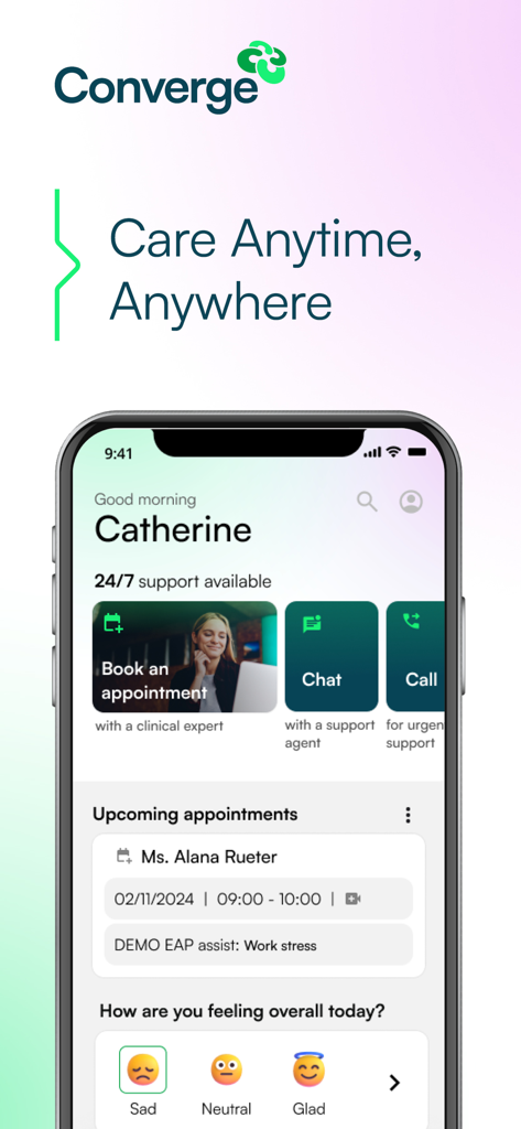 Pantalla de inicio de la aplicación Converge International que muestra las funciones de reserva de citas, chat en vivo y seguimiento del estado de ánimo