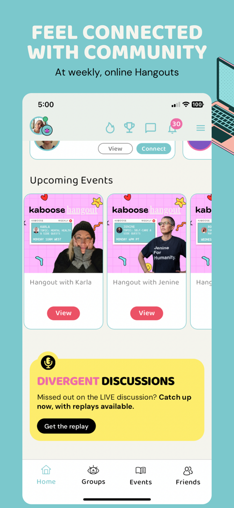 Kaboose - Kaboose app interface showing upcoming community hangouts and neurodivergent discussion events.