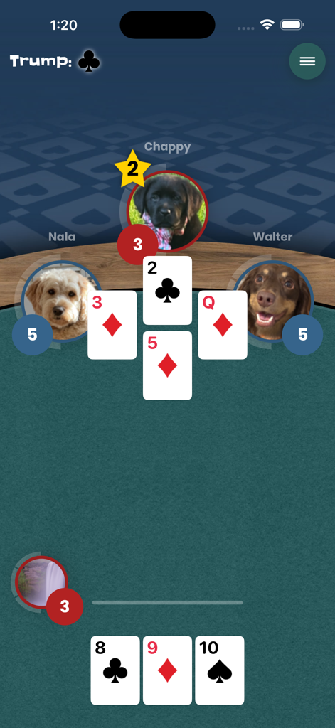 iPitch - Gameplay screen of iPitch card game showing cards played on the table with personalized dog avatars for players.