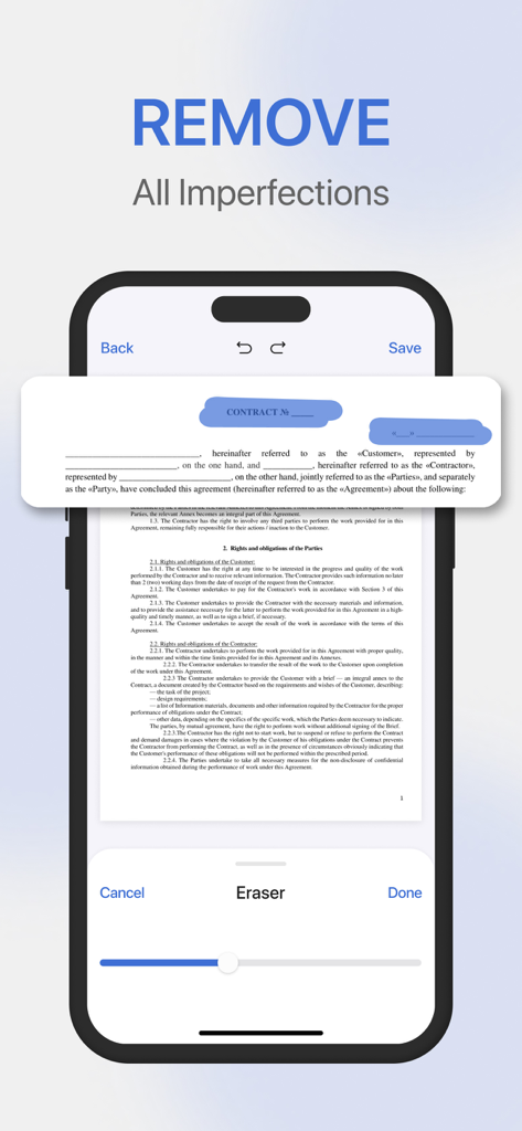 PDF Editor・PDF File Converter - iPhone画面上の契約書ドキュメントの汚れを消しゴムツールで削除しているPDFエディターアプリ
