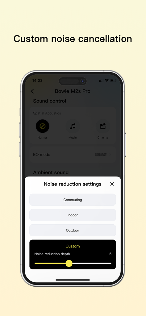 Baseus - Baseusアプリのインターフェース。スマートフォン画面でBowie M2s Proイヤホンのカスタムノイズキャンセリング設定が表示されています。