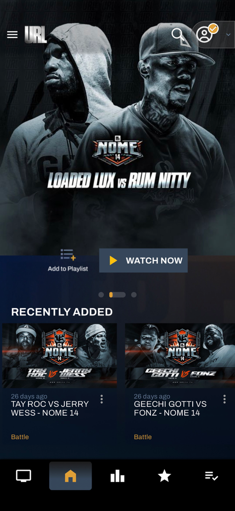 URLTV.TV - The home screen of the URLTV mobile app featuring the NOME 14 rap battle event with Loaded Lux and Rum Nitty.
