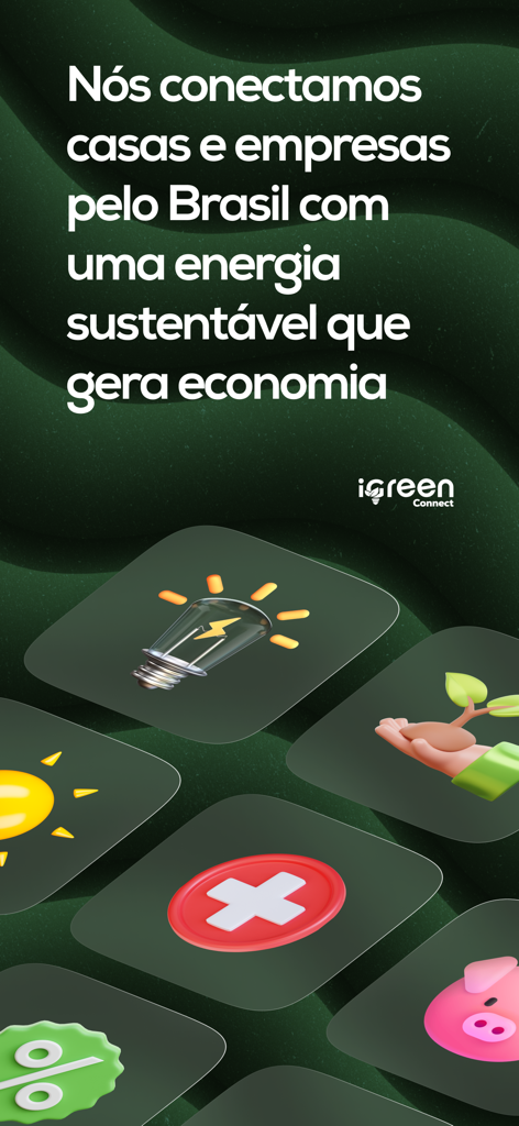iGreen Club - Promotional screen for the iGreen Club app highlighting sustainable energy and savings with 3D icons for energy, finances, and the environment.