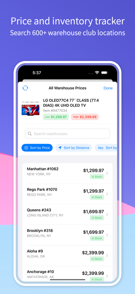 A mobile app interface showing price comparisons for an LG OLED TV across various warehouse club locations with in-stock status