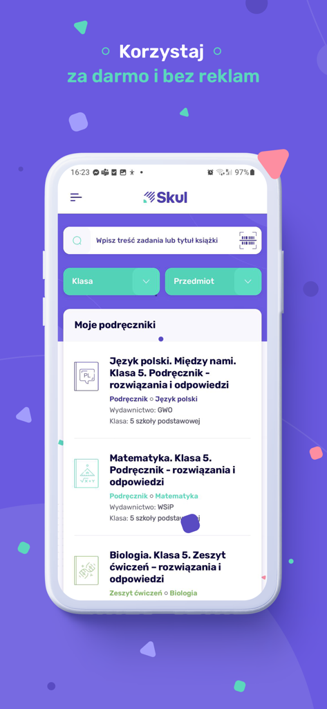 SKUL - SKUL教育アプリのホーム画面。教科書の検索バーと、数学や生物学などの科目の教師が検証したソリューションのリストが表示されています。