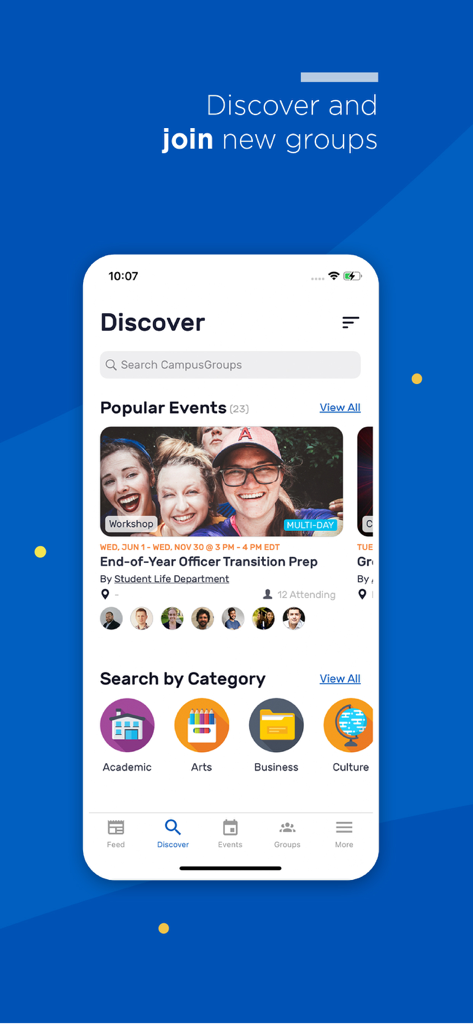 CampusGroups - CampusGroupsアプリのディスカバー画面。人気のある学生イベントや、学術、芸術などの検索可能なグループカテゴリが表示されます。