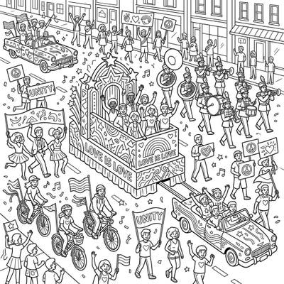Dive into the heart of a vibrant celebration with this intricate parade coloring page, featuring joyous crowds, a marching band, and festive floats. It's the perfect way to express creativity and celebrate unity and love.
