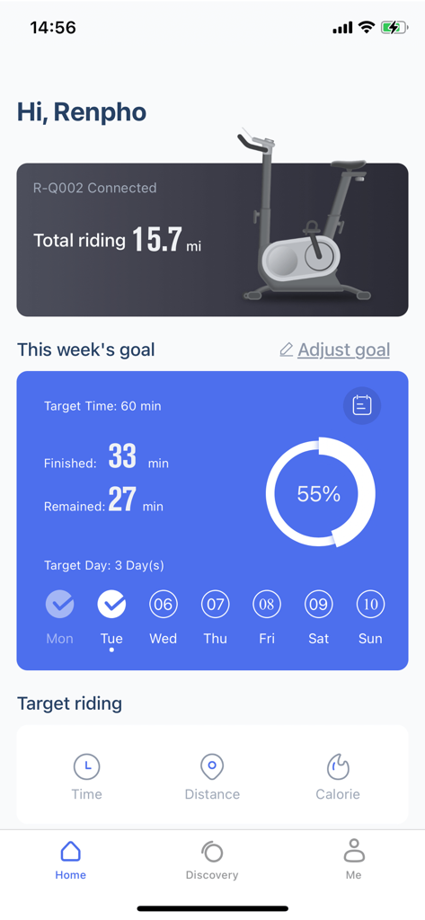AI Gym - AI Gym app home screen displaying weekly cycling goals and total riding distance stats