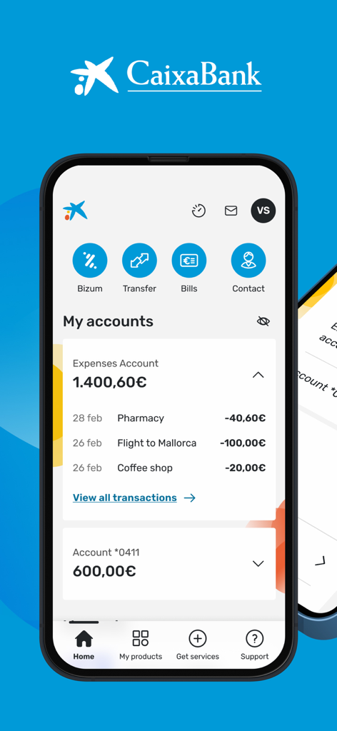 CaixaBankNow: Online banking - Painel do aplicativo CaixaBankNow exibindo saldos de contas bancárias e transações recentes