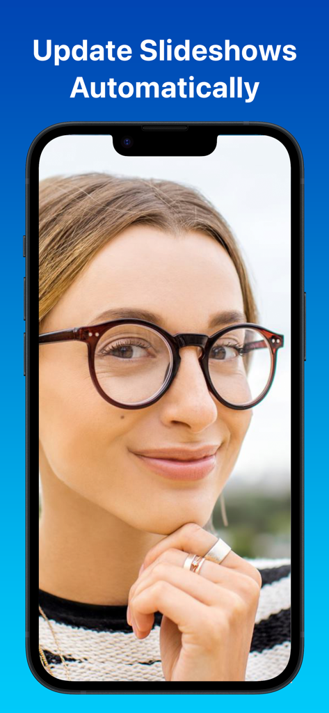 Slideshow Photos - PixFolio - iPhone screen showing PixFolio automatic slideshow update feature with a portrait photo