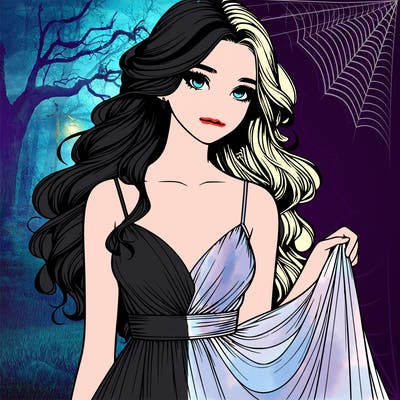 realistic girl in flowy silky prom dress