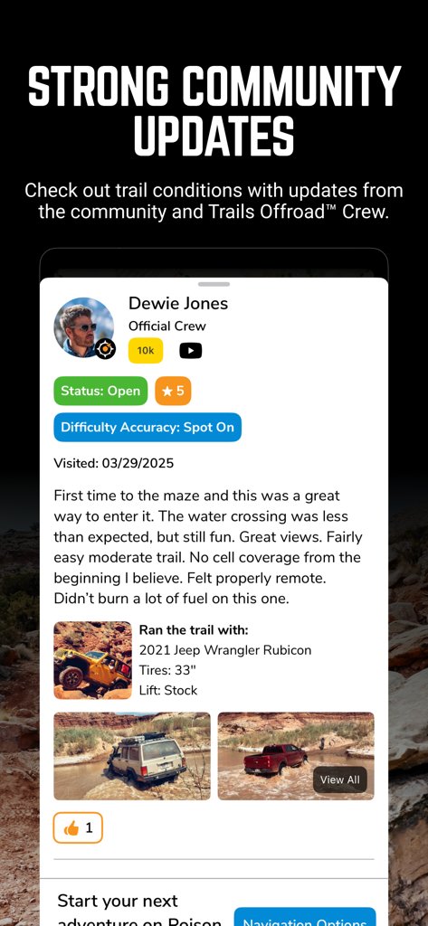 Trails Offroad: Offline Maps - Trails Offroad app screen showing a community trail update and review with vehicle specifications
