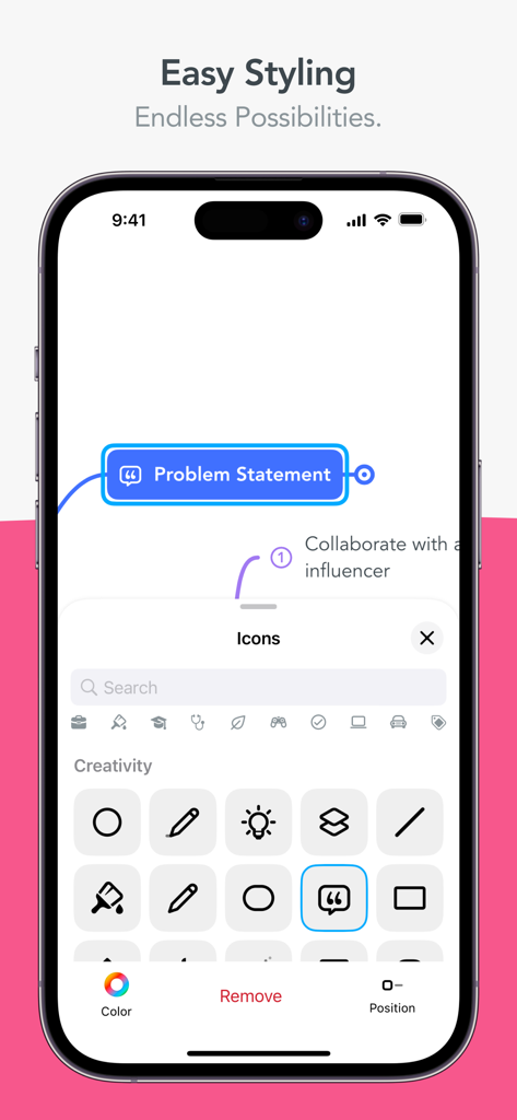 MindMeister app interface showing mind map customization with icon selection and styling options on an iPhone screen