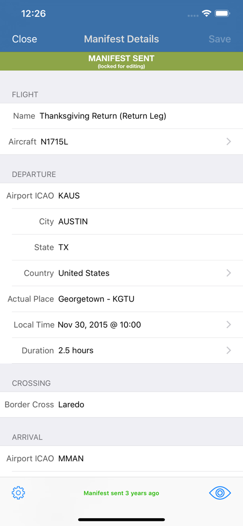 FlashPass app screen showing the details of a sent flight manifest including departure and arrival info