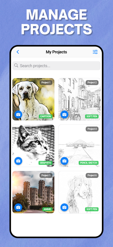 Photo to Sketch - Drawiq - Galería de gestión de proyectos en la aplicación Drawiq mostrando transformaciones de foto a boceto como estilos de grafito de cómic y anime