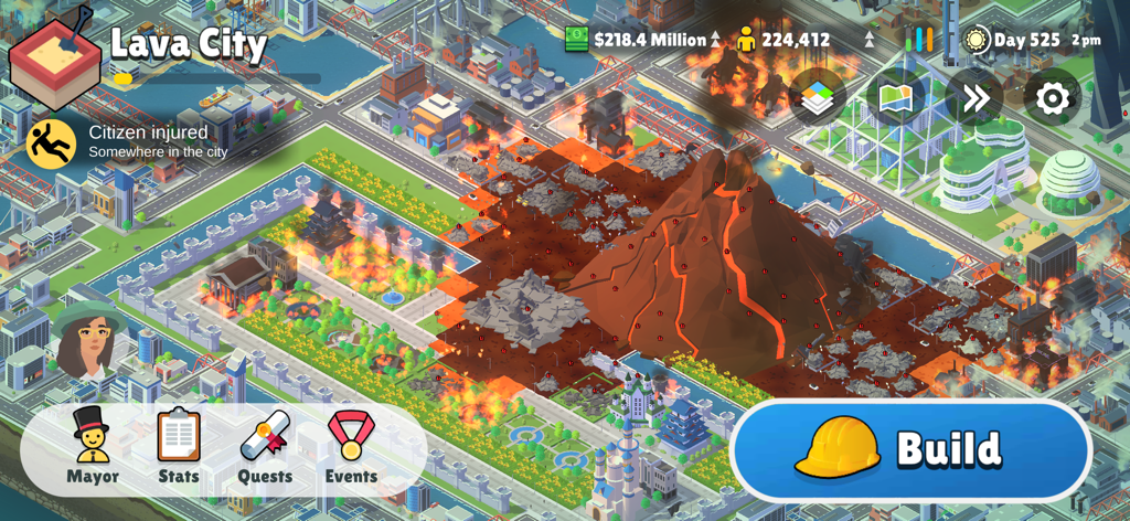 Pocket City 2 - Pocket City 2 gameplay showing a volcanic eruption disaster event in a city simulation