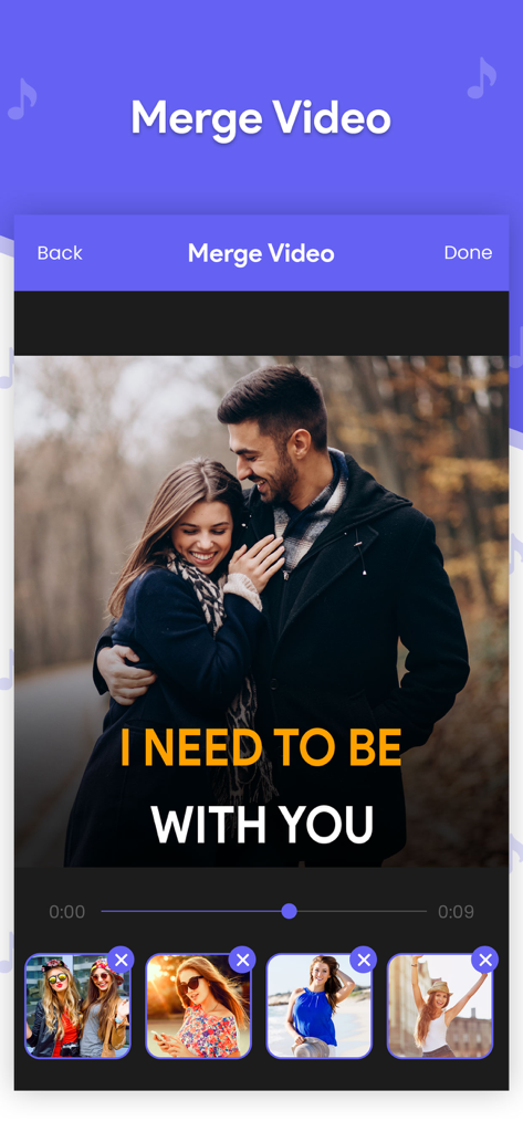 Video Editor - Add Music - Mobile app interface for merging multiple video clips into one sequence