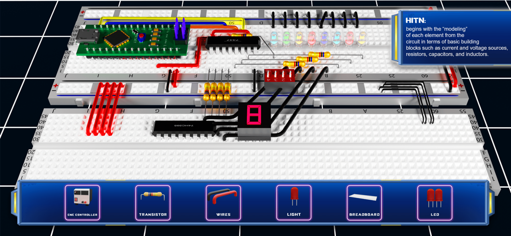 抵抗器、ワイヤー、数字の8を表示する7セグメントディスプレイを備えた複数のブレッドボードの3Dシミュレーション