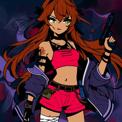 bad girl wearing crop top holding a gun long hair anime