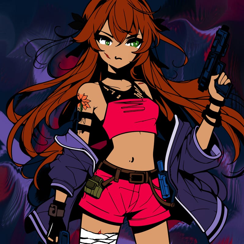 bad girl wearing crop top holding a gun long hair anime