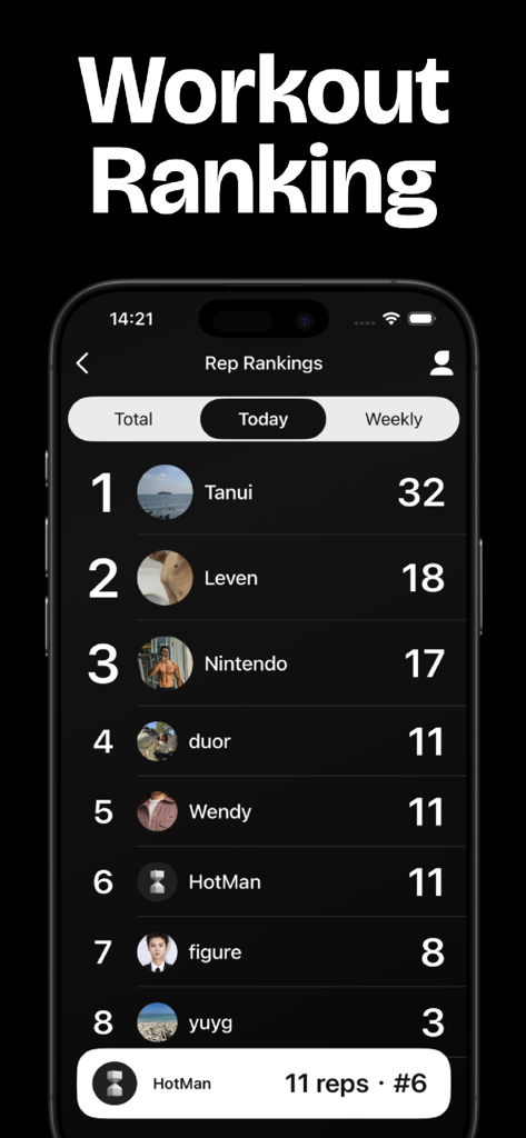 Reptime:App Blocker & Exercise - A leaderboard screen in the Reptime app titled Workout Ranking showing a list of top users and their daily repetition counts.