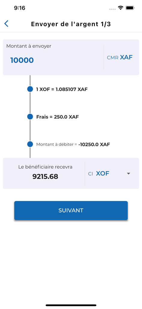Interface do aplicativo Cash-Me mostrando a conversão de moeda e as taxas para uma transferência de dinheiro de XAF para XOF