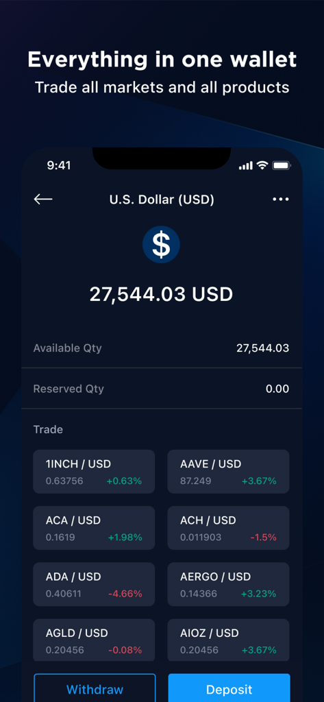 Panel móvil de la aplicación Crypto.com Exchange que muestra el saldo de la billetera en USD y pares de trading.