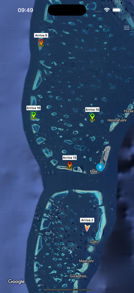 Mapa satelital en tiempo real en Arriva Manager que muestra la ubicación de lanchas rápidas cerca de Malé