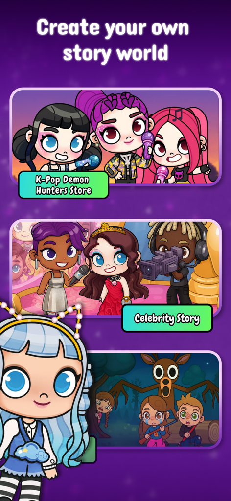 Avatar World - Cute Game Mods - Una pantalla de menú que muestra varios escenarios de historias como estrellas de K-Pop e historias de celebridades en Avatar World.