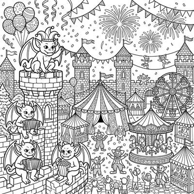 Enter a world where medieval meets marvelous with this unique coloring page! Castle gargoyles mingle with carnival tents, clowns, and rides, creating a festive scene bursting with imagination.
