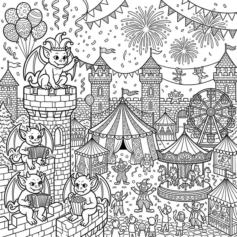 Enter a world where medieval meets marvelous with this unique coloring page! Castle gargoyles mingle with carnival tents, clowns, and rides, creating a festive scene bursting with imagination.