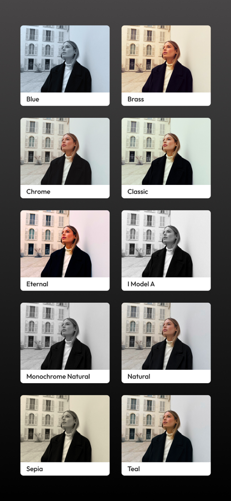 Leica LUX - Pro Manual Camera - Uma grade de dez diferentes visuais de fotos Leica LUX aplicados a uma comparação de retratos.