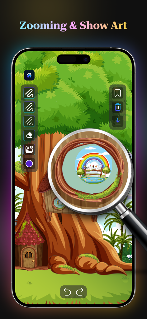 A mobile phone screen showing the Endless Zoom app interface where a magnifying glass reveals a hidden rainbow landscape inside a tree house drawing