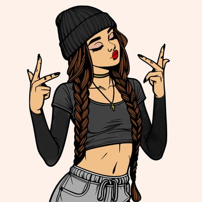 realistic teenage girl with braids and a beanie and crop top doing 🫶🏼