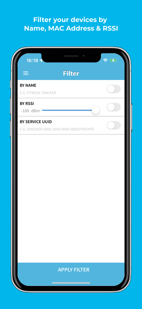 BLE Scanner 4.0 - BLE Scanner 4.0의 필터 화면에 이름, RSSI 신호 강도 및 서비스 UUID별로 Bluetooth 장치를 필터링하는 옵션이 표시됩니다.