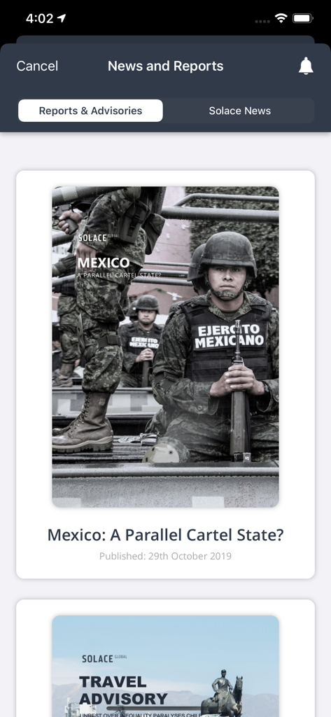 Solace Secure - Solace Secure mobile app screen displaying news and risk reports including a Mexico security advisory.