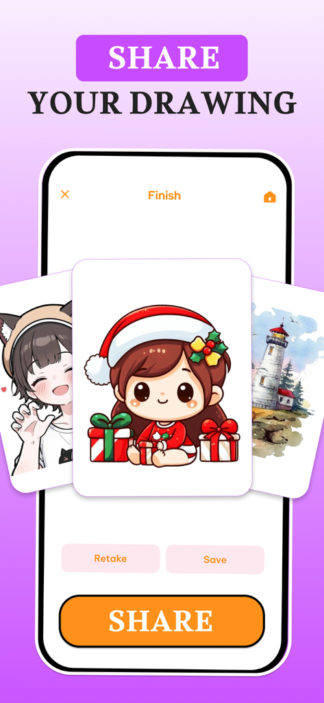 AR Draw: Trace & Paint - Interface showing shared drawings of a Christmas girl anime character and lighthouse with a large share button