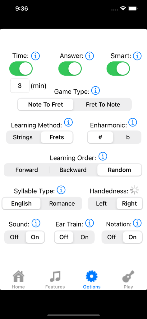 Guitar Fretboard Addict - Anpassungsoptionen in der Guitar Fretboard Addict App, die Einstellungen für Lernmethoden und Spieltypen zeigen