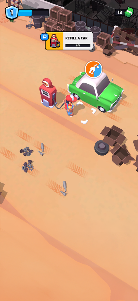 Personaje del jugador repostando un coche verde en un surtidor de gasolina en el juego Gas Station Simulator Tycoon.