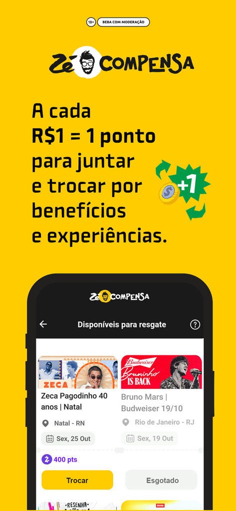 Zé Delivery de Bebidas - Ze Delivery app interface showing the Ze Compensa loyalty program where users earn points for benefits like concert tickets