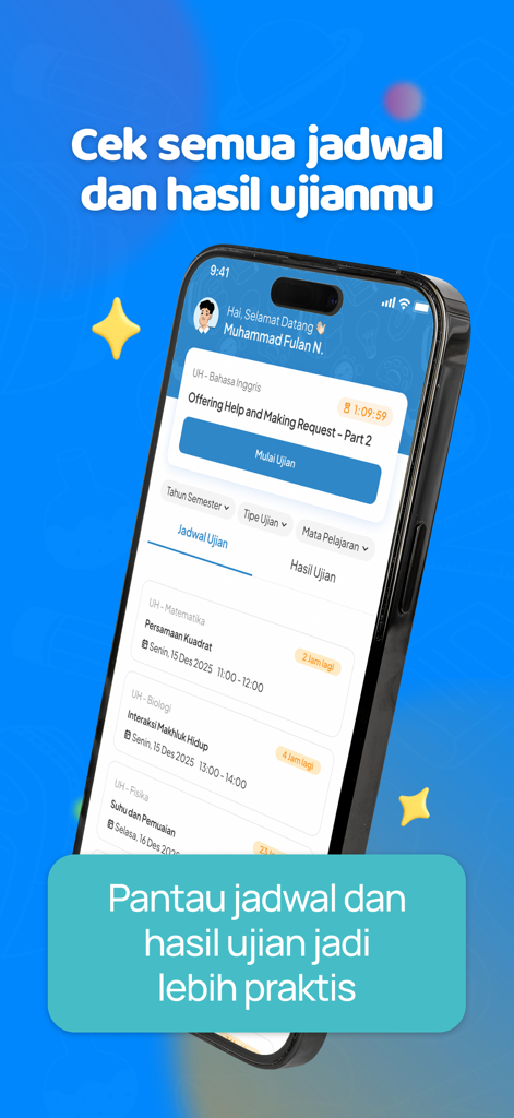 Pijar Sekolah: Siswa - Pijar Sekolah Siswa app dashboard showing a list of student exam schedules and academic results